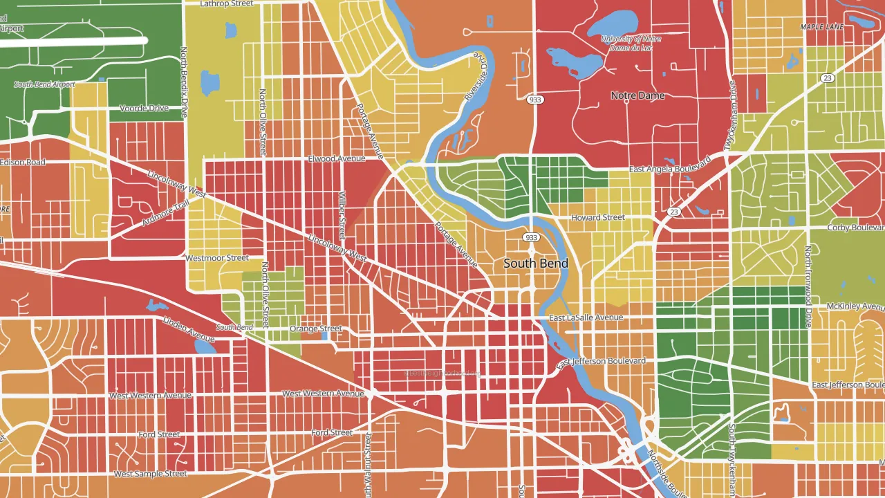 Nearnorthwest, South Bend, IN of rich and poor neighborhoods by household income