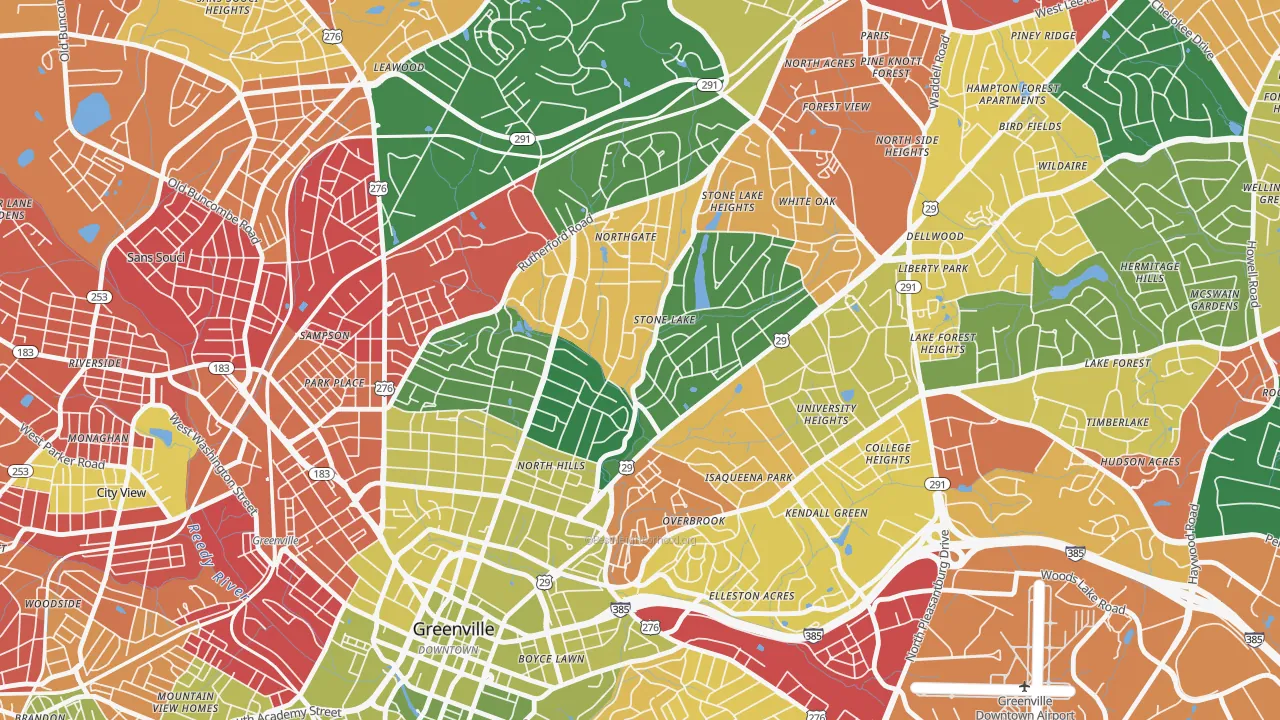 North Main, Greenville, SC of rich and poor neighborhoods by household income