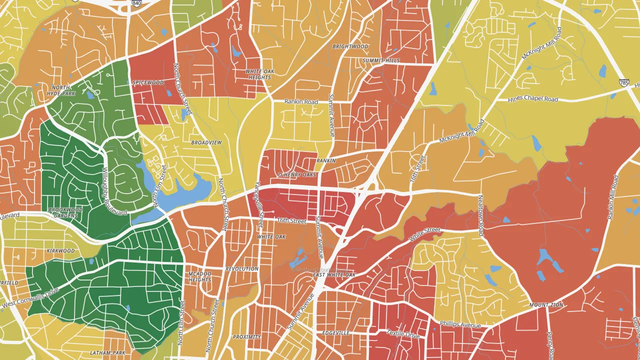 O Henry Oaks, Greensboro, NC of rich and poor neighborhoods by household income