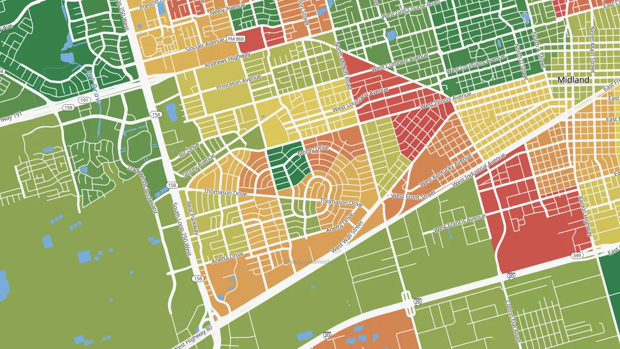 Permian Estates, Midland, TX of rich and poor neighborhoods by household income
