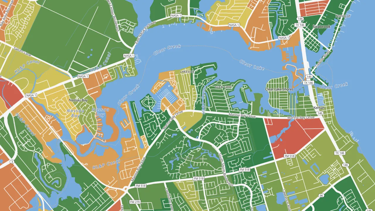 South Shore Harbour and Marina, League City, TX of rich and poor neighborhoods by household income