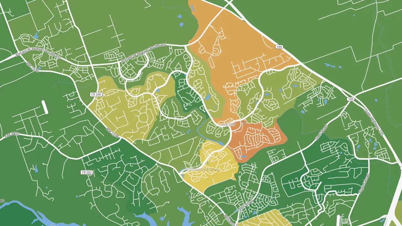 Sun City, Georgetown, TX of rich and poor neighborhoods by household income