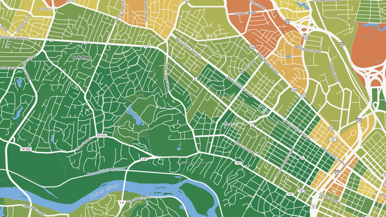 Three Chopt, Richmond, VA of rich and poor neighborhoods by household income