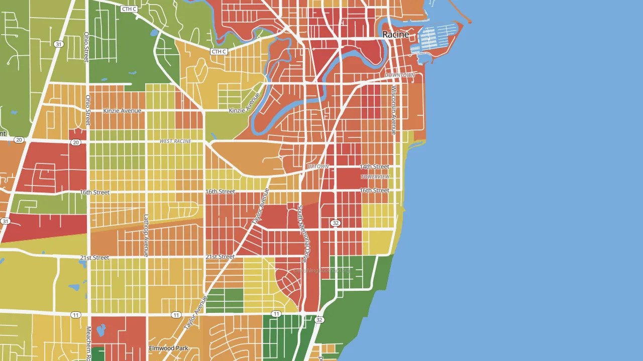 Uptown, Racine, WI of rich and poor neighborhoods by household income