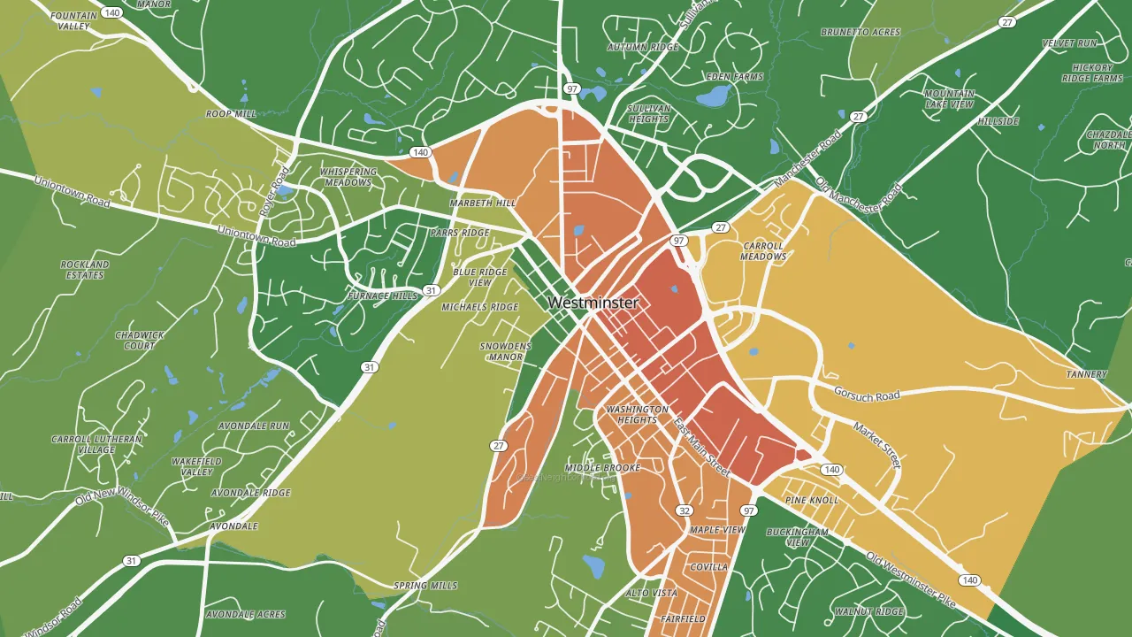 Westminster Historic District, Westminster, MD of rich and poor neighborhoods by household income