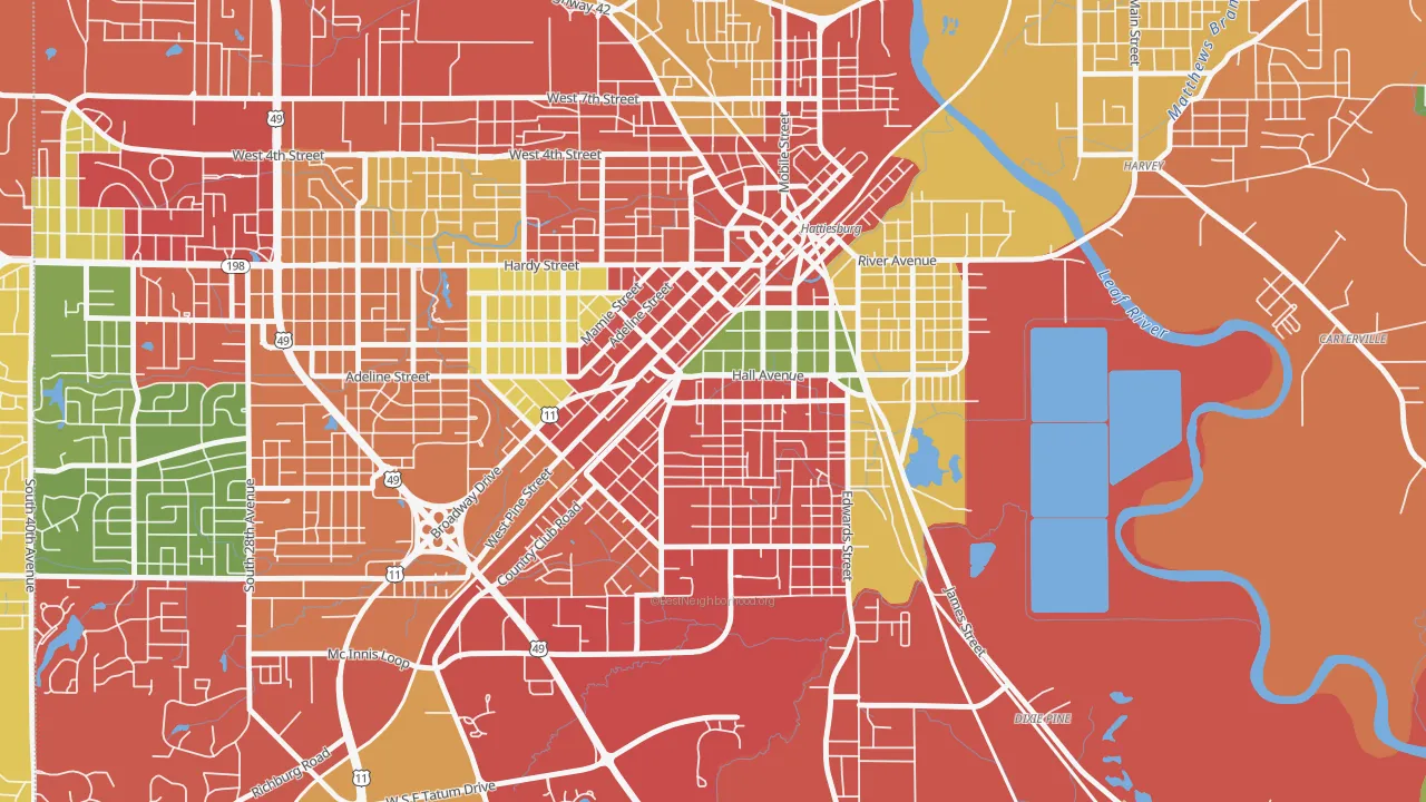 Woodlawn Court, Hattiesburg, MS of rich and poor neighborhoods by household income