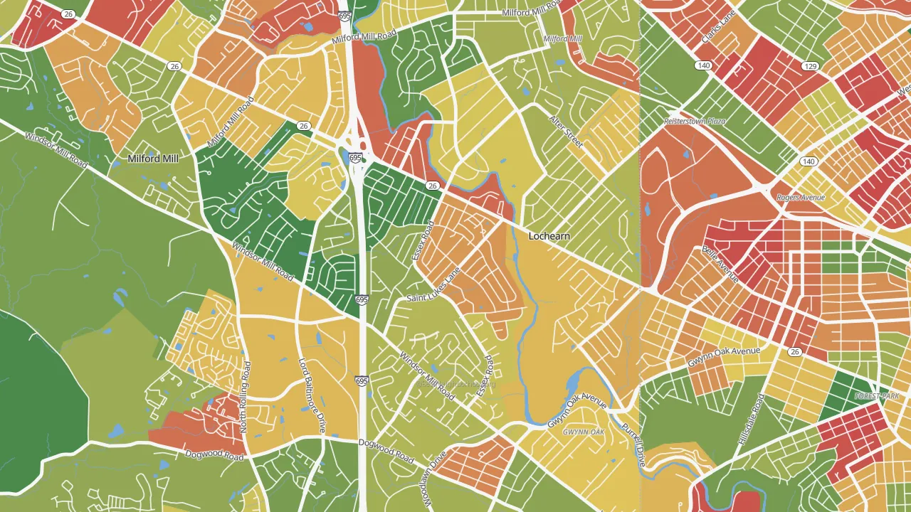 Woodmoor, Lochearn, MD of rich and poor neighborhoods by household income
