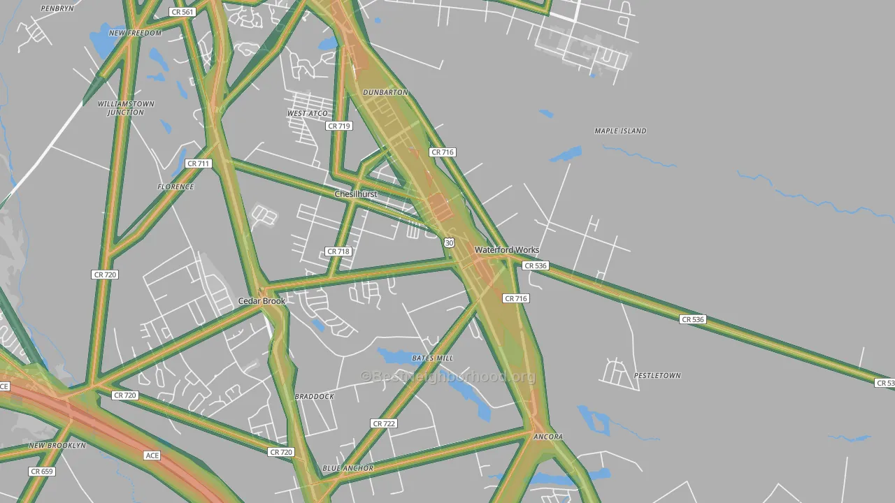 08089, NJ Map of Noise Levels in 08089
