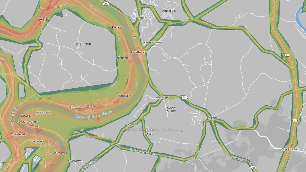 15438, PA Map of Noise Levels in 15438
