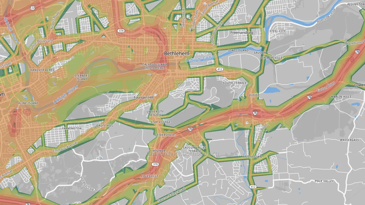 18015, PA Map of Noise Levels in 18015