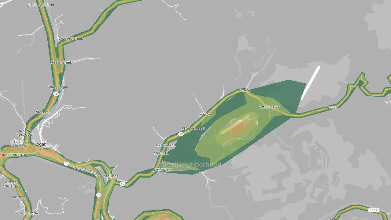 25076, WV Map of Noise Levels in 25076