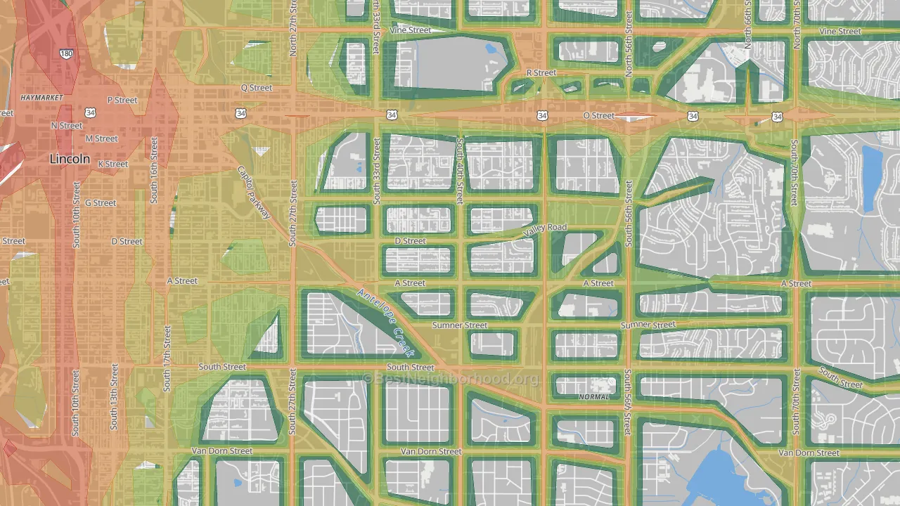 40th and A, Lincoln, NE Map of Noise Levels in 40th and A