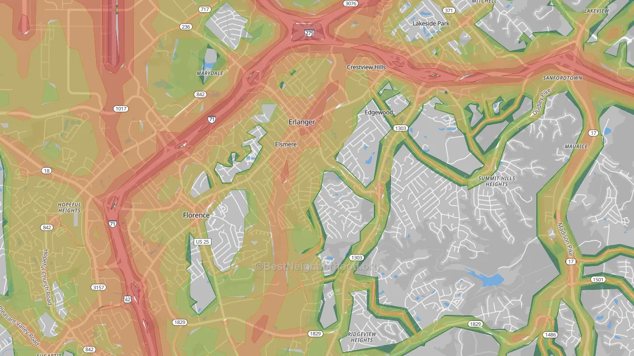 41018, KY Map of Noise Levels in 41018