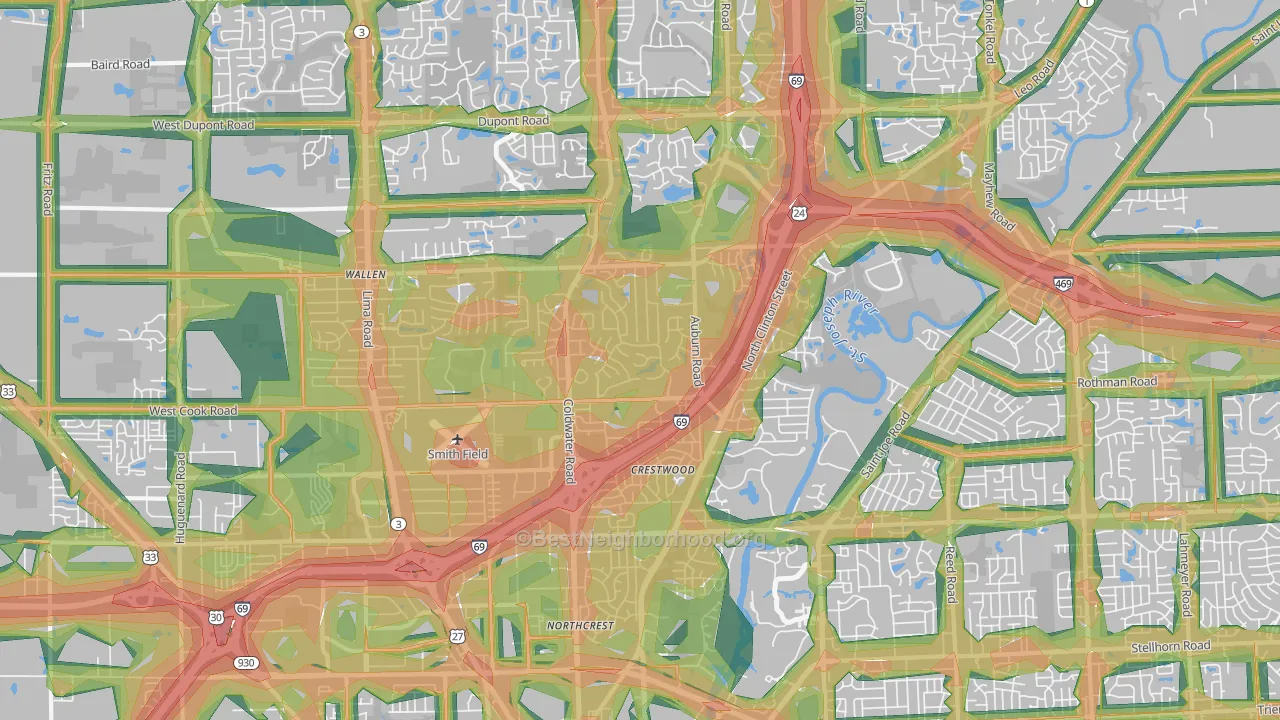 46825, IN Map of Noise Levels in 46825