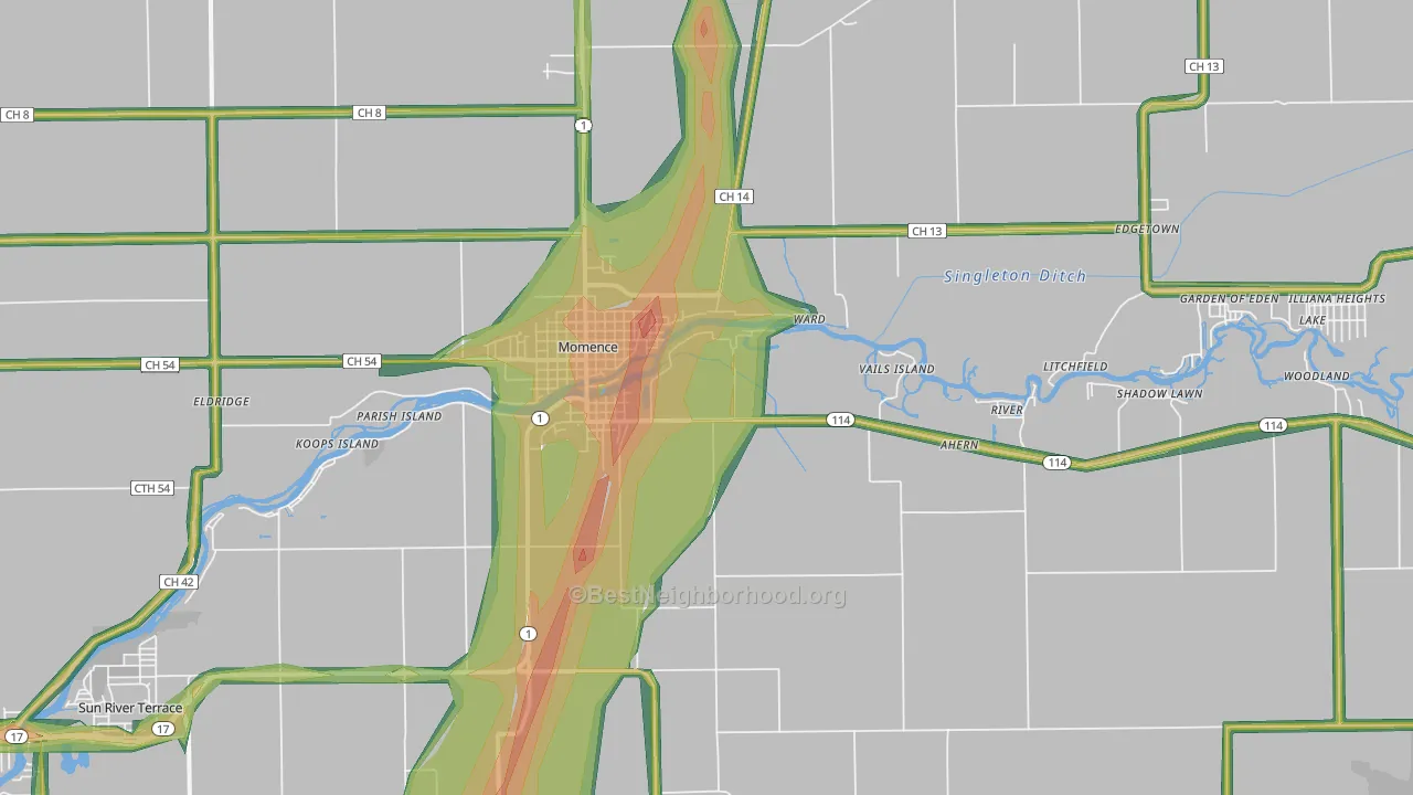 60954, IL Map of Noise Levels in 60954