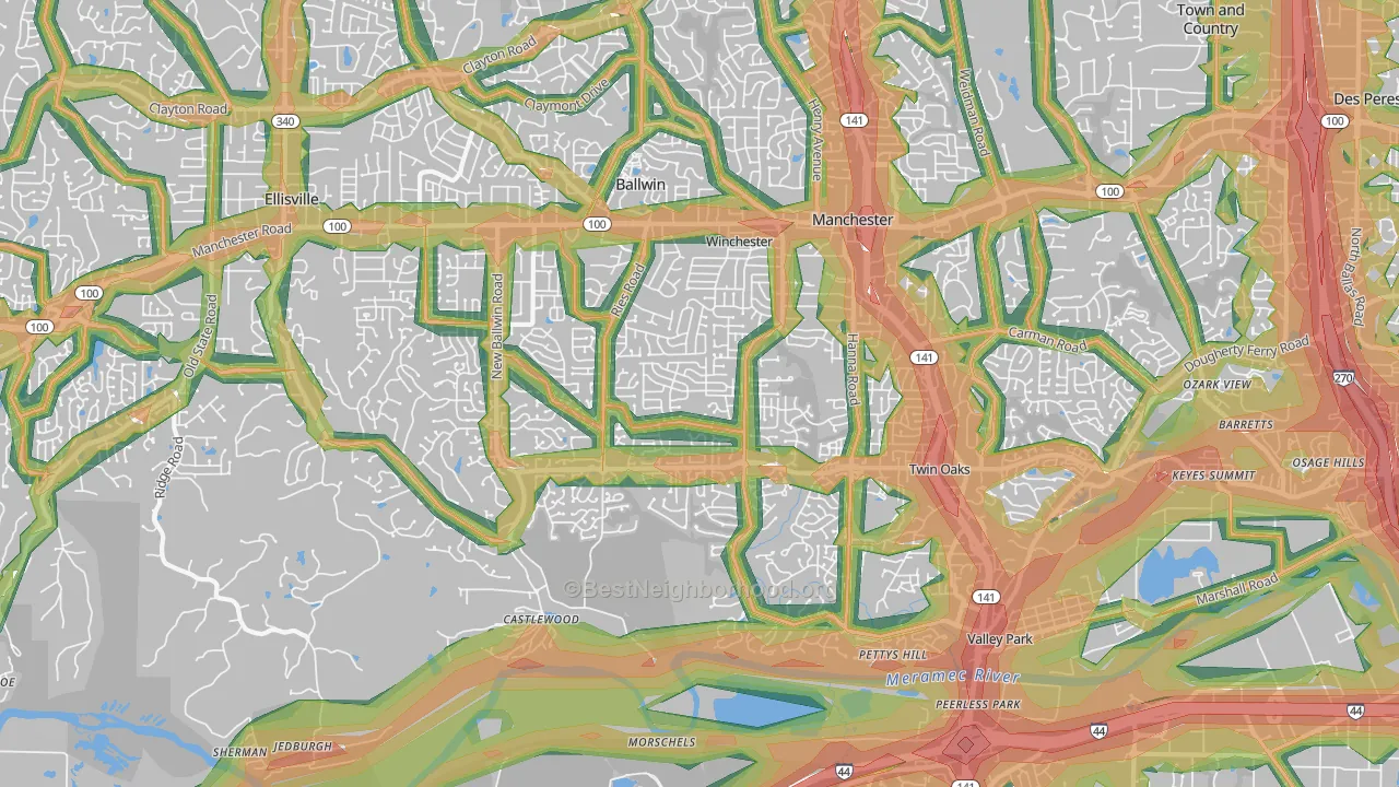 63021, MO Map of Noise Levels in 63021