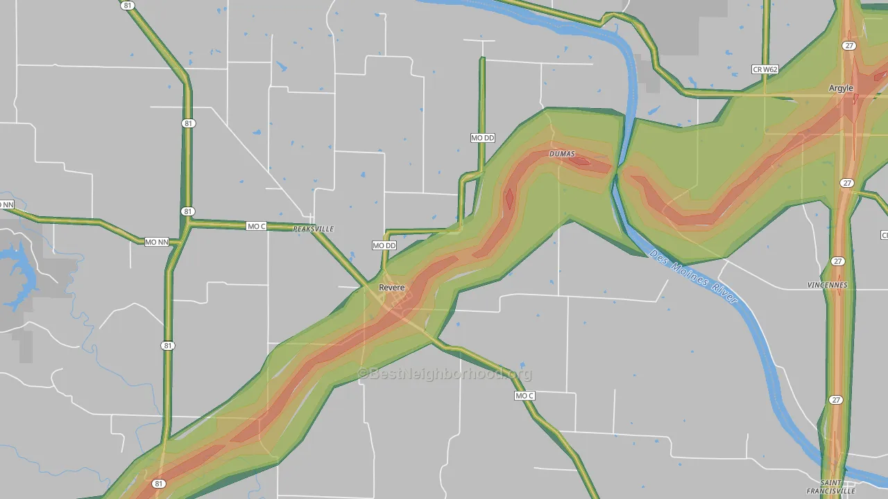63465, MO Map of Noise Levels in 63465
