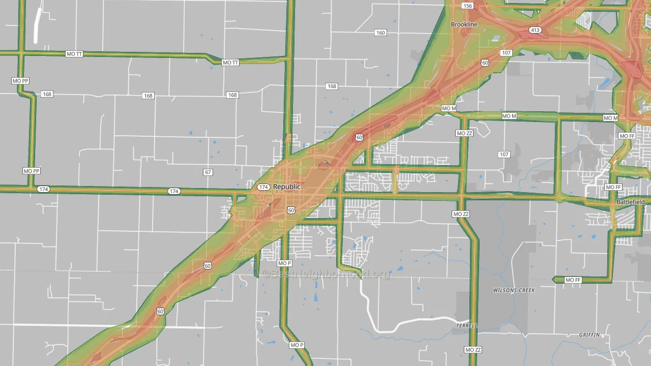 65738, MO Map of Noise Levels in 65738