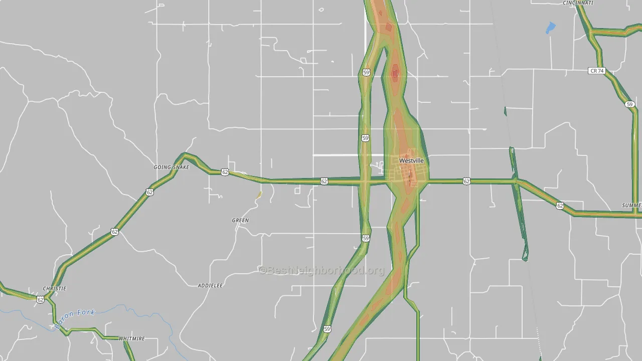 74965, OK Map of Noise Levels in 74965