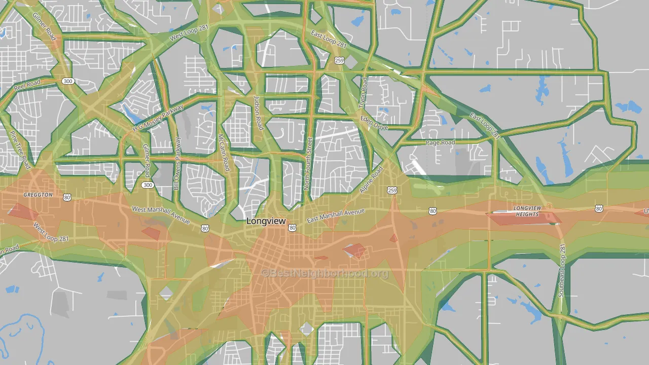 75601, TX Map of Noise Levels in 75601