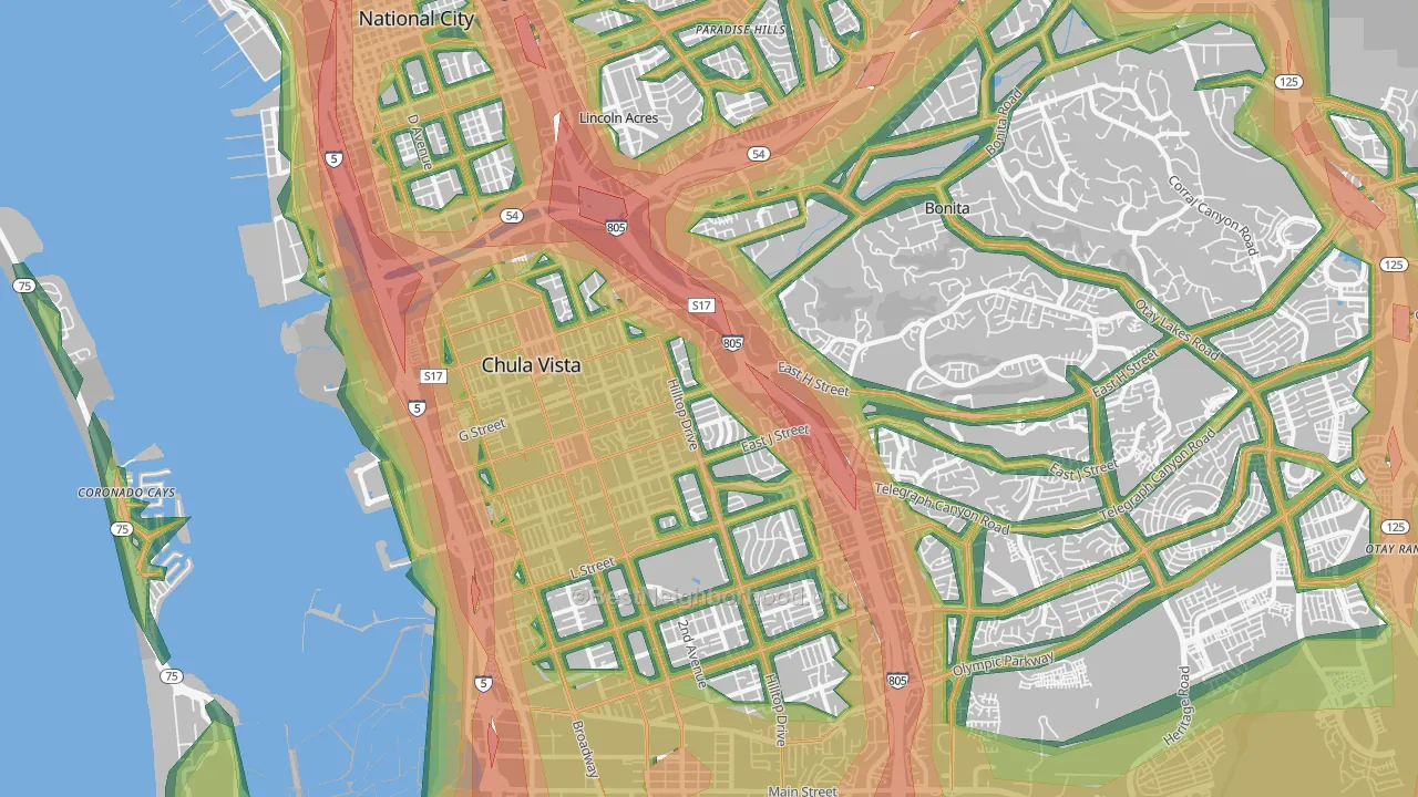 91910, CA Map of Noise Levels in 91910