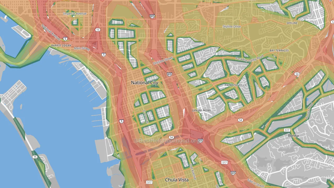 91950, CA Map of Noise Levels in 91950