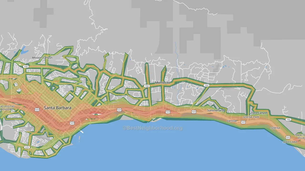 93108, CA Map of Noise Levels in 93108