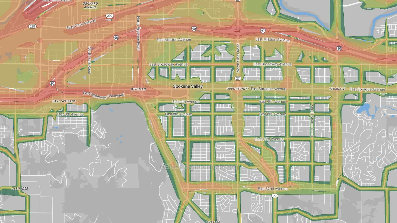 99206, WA Map of Noise Levels in 99206
