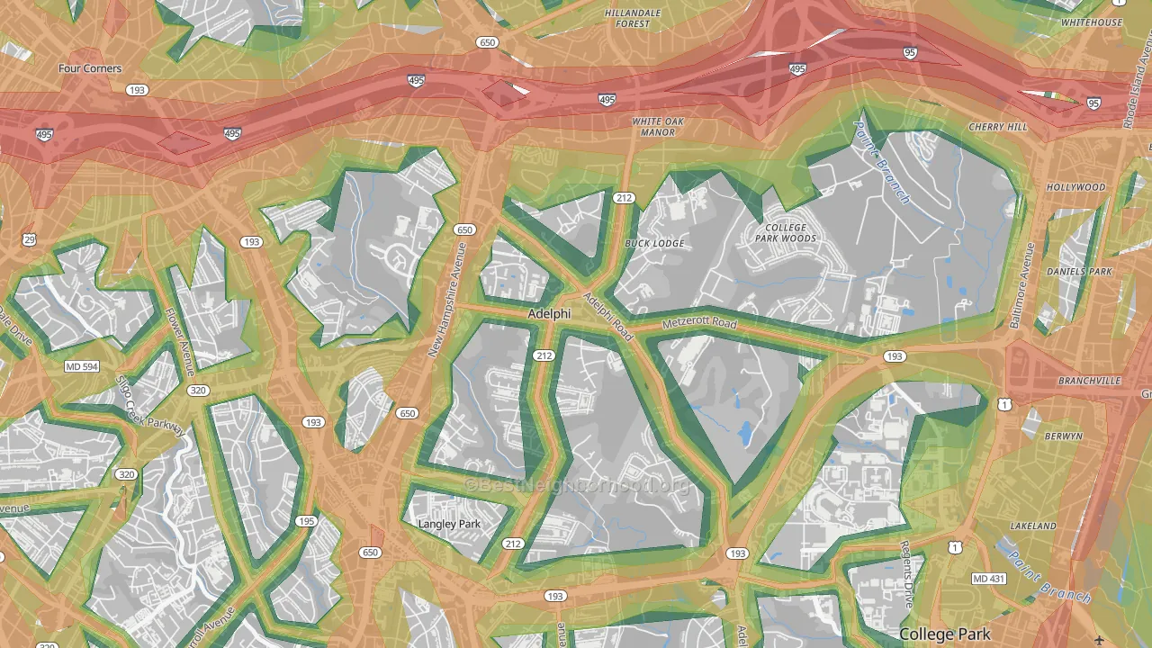 Adelphi, MD Map of Noise Levels in Adelphi