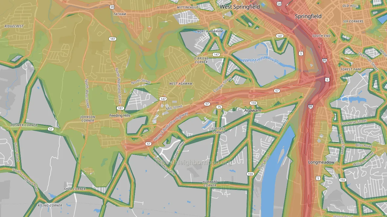 Agawam Town, MA Map of Noise Levels in Agawam Town
