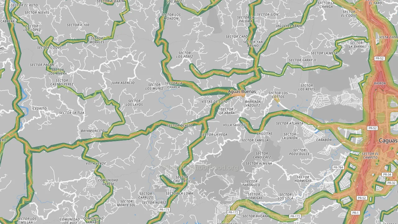 Aguas Buenas Municipio, PR Map of Noise Levels in Aguas Buenas Municipio