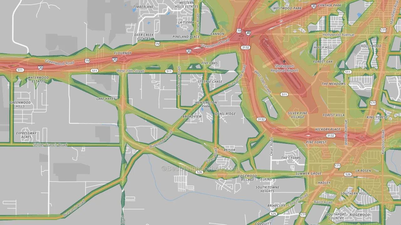 Airport-Pines Road, Shreveport, LA Map of Noise Levels in Airport-Pines Road
