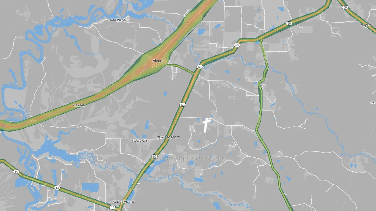 Akron, AL Map of Noise Levels in Akron