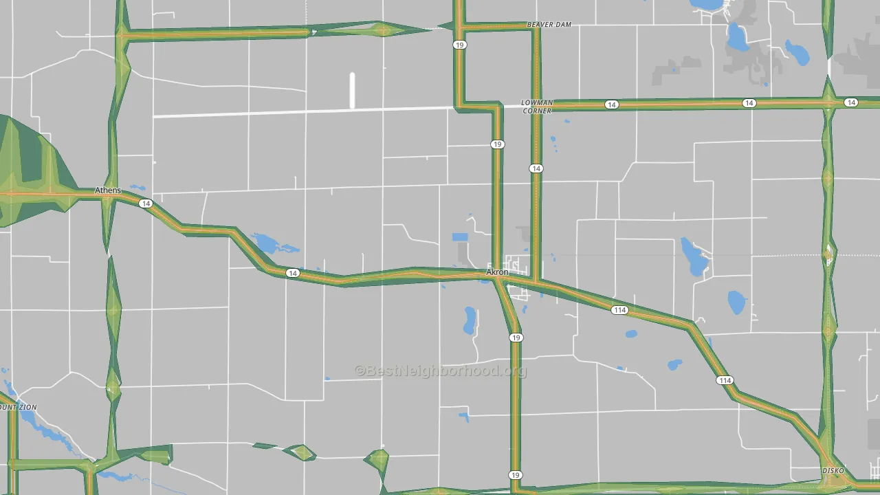 Akron, IN Map of Noise Levels in Akron