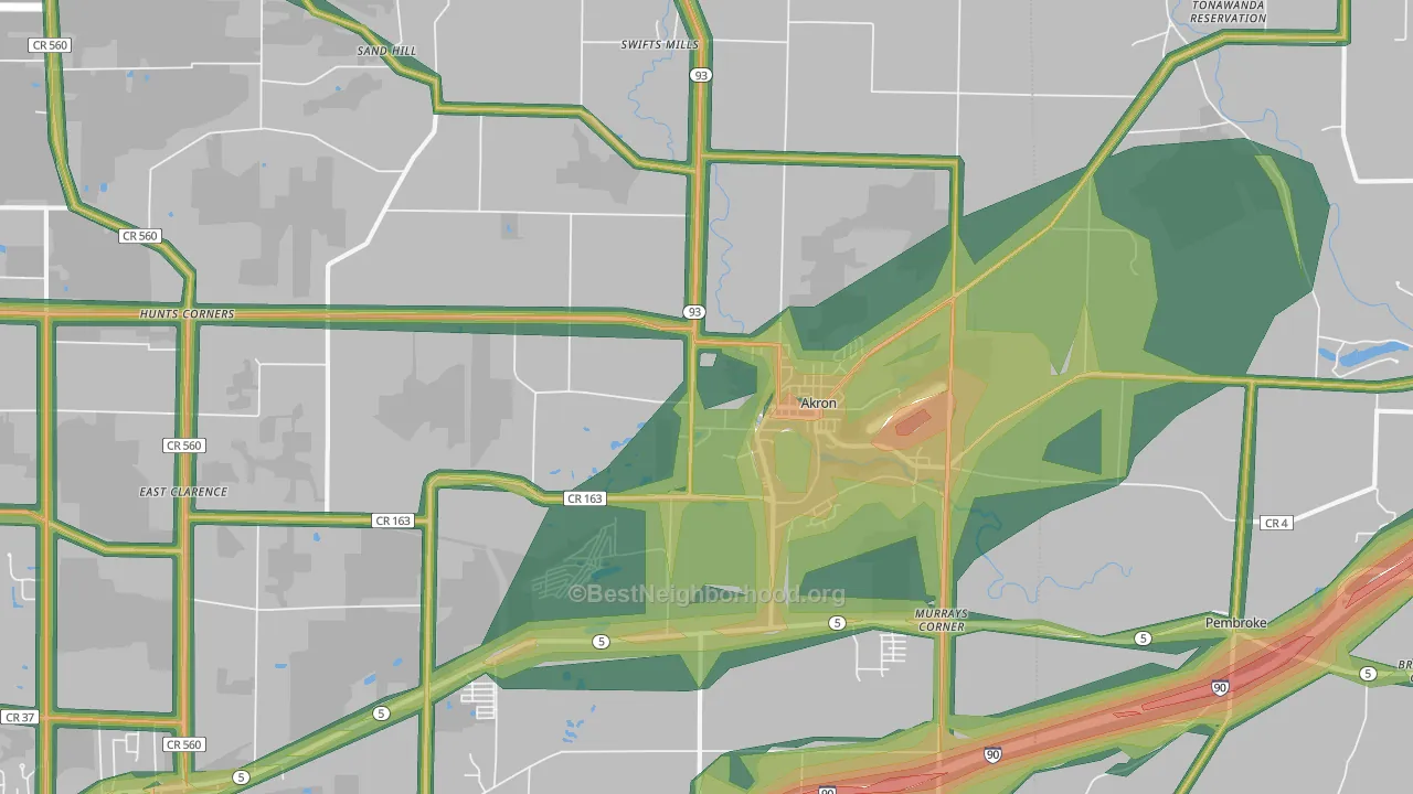 Akron, NY Map of Noise Levels in Akron