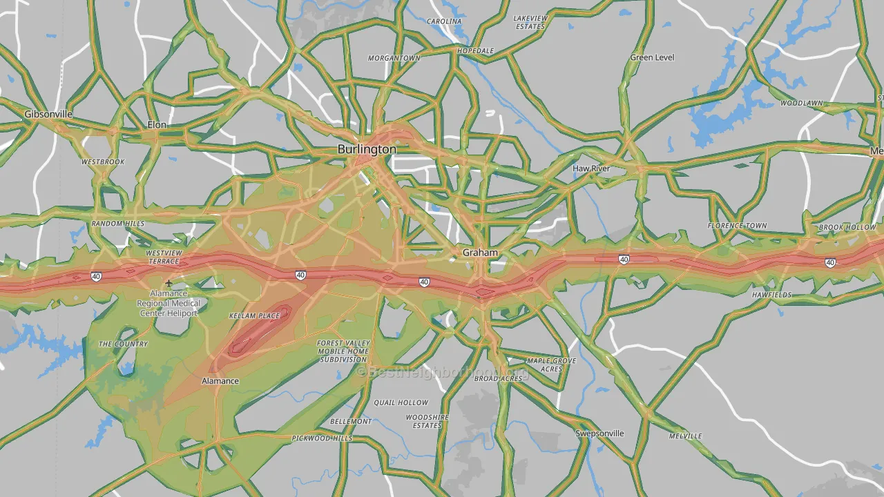 Alamance County, NC Map of Noise Levels in Alamance County