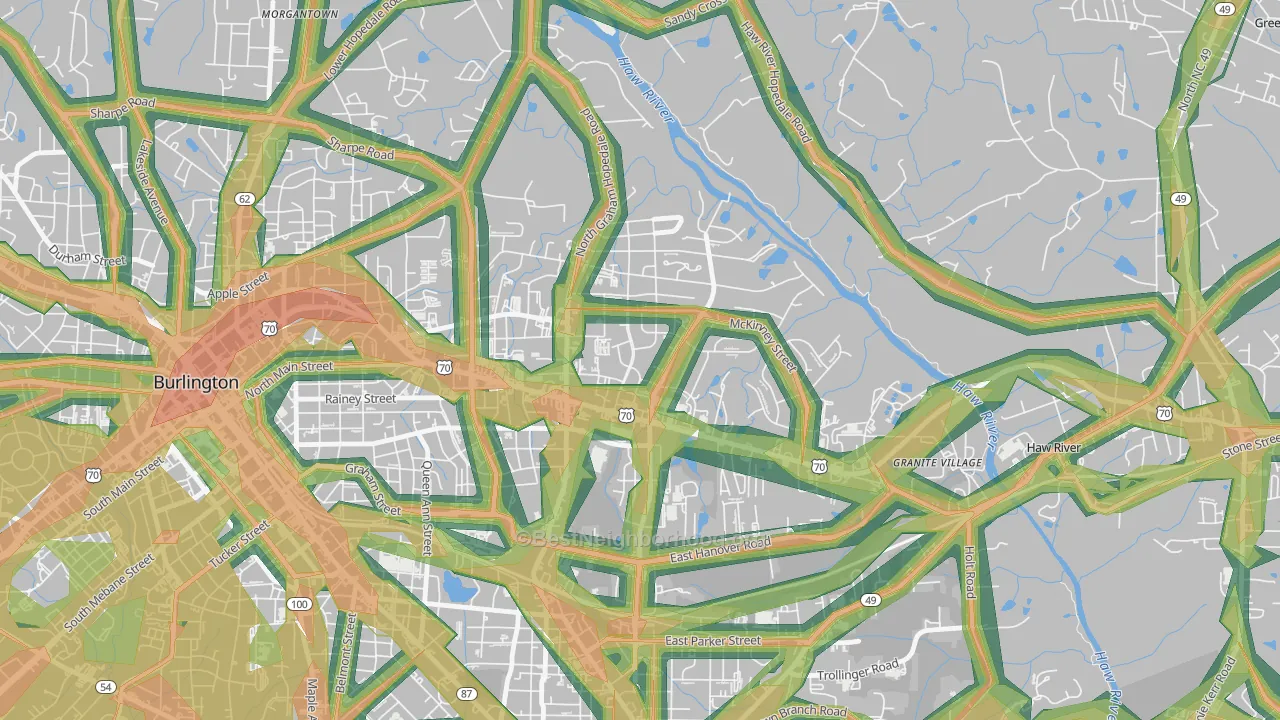Alamance Hills, Burlington, NC Map of Noise Levels in Alamance Hills