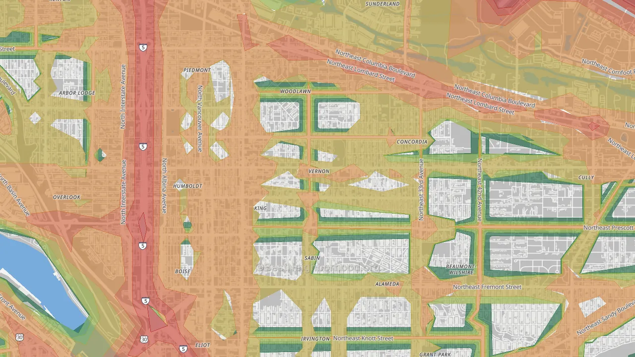 Alberta, Portland, OR Map of Noise Levels in Alberta