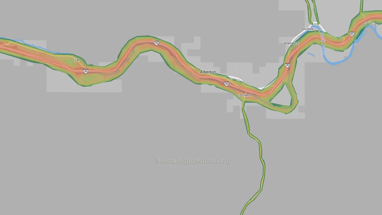 Alberton, MT Map of Noise Levels in Alberton