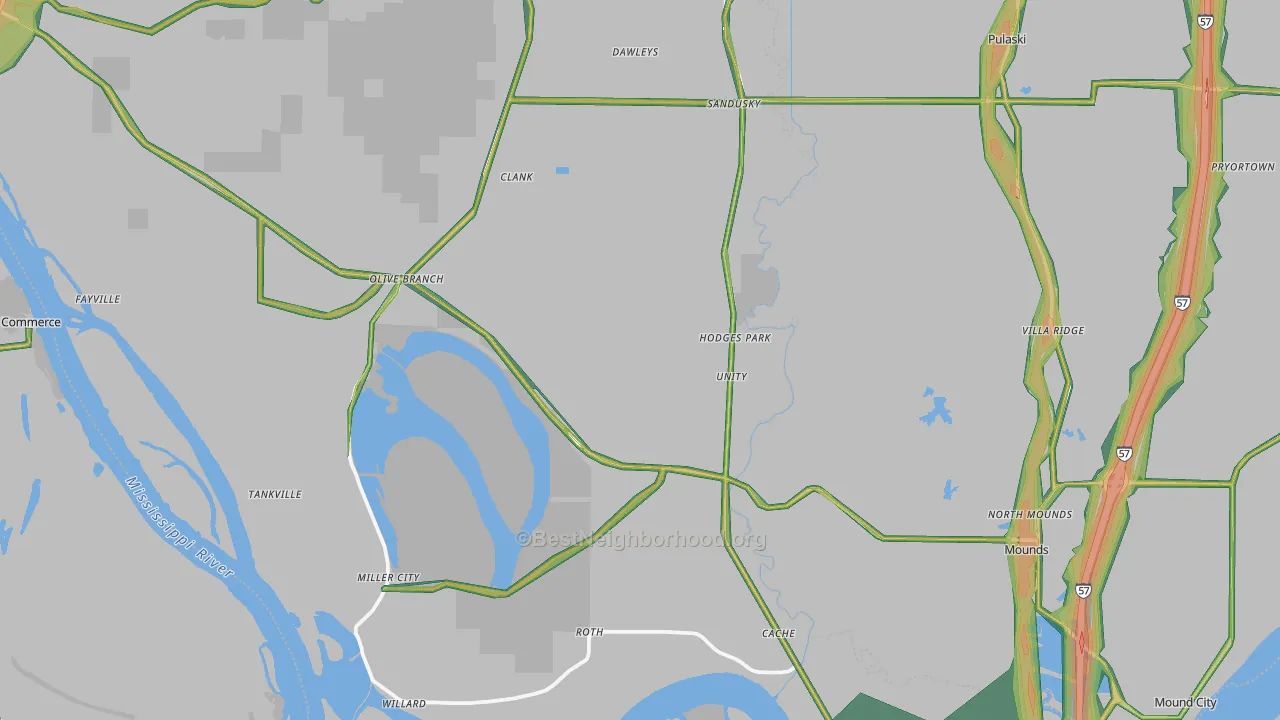 Alexander County, IL Map of Noise Levels in Alexander County