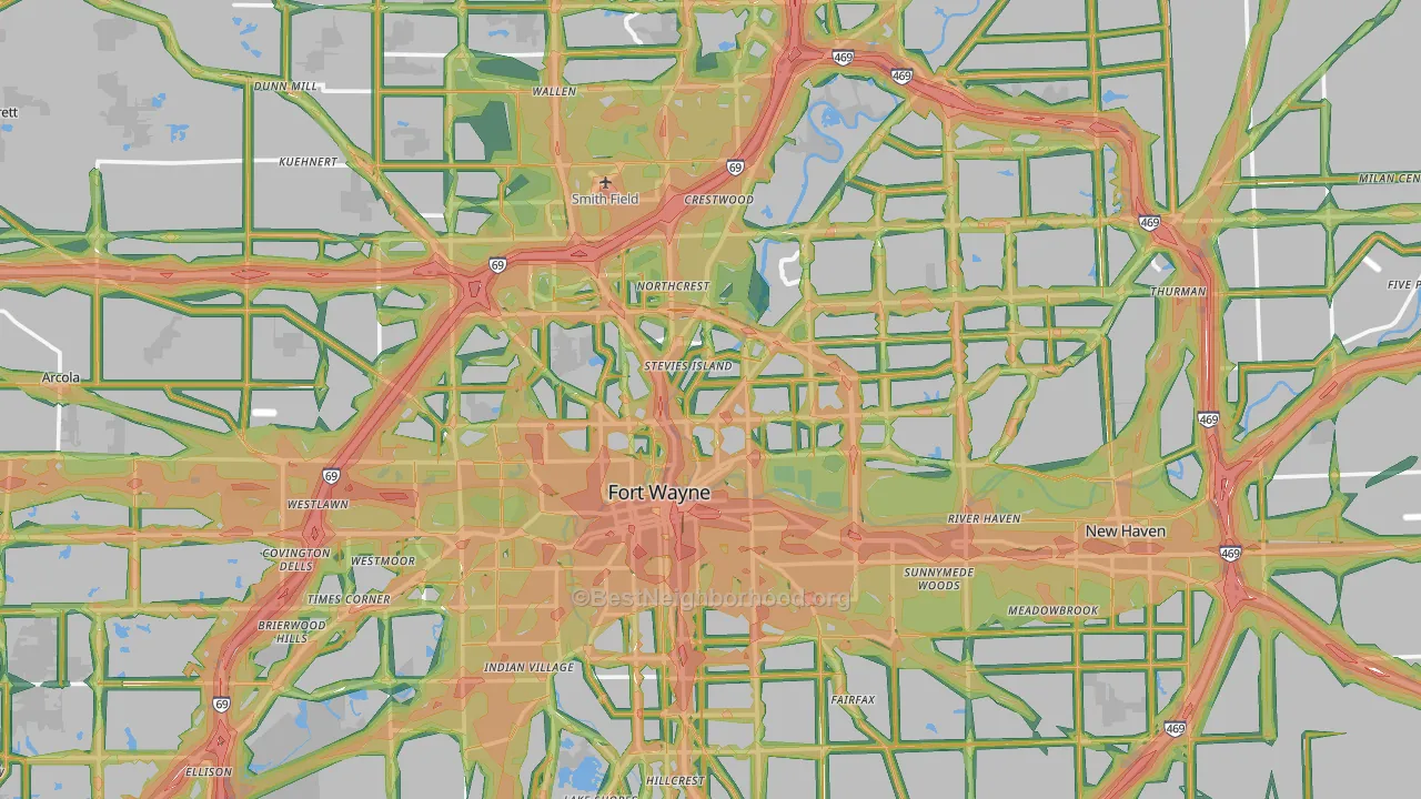 Allen County, IN Map of Noise Levels in Allen County
