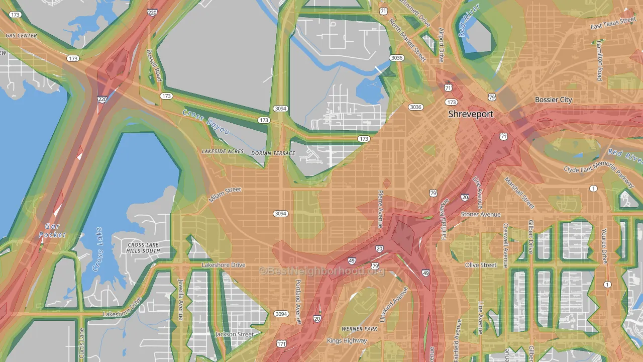 Allendale-Lakeside, Shreveport, LA Map of Noise Levels in Allendale-Lakeside