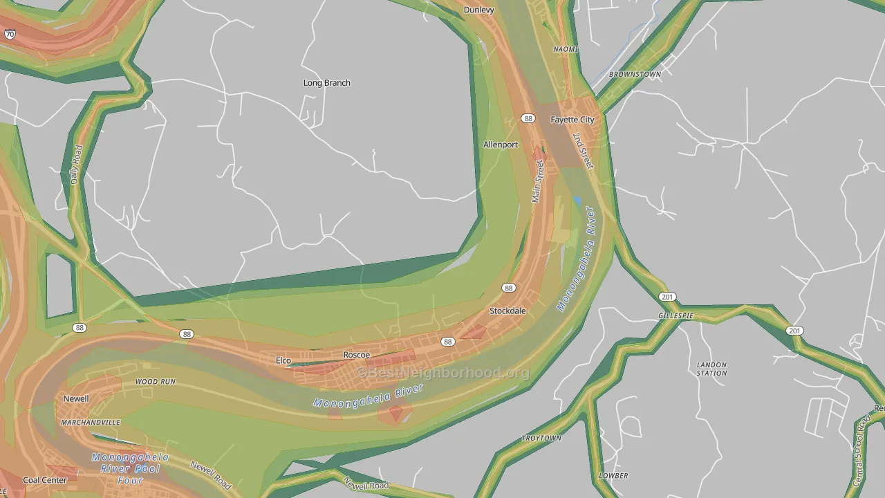 Allenport, PA Map of Noise Levels in Allenport