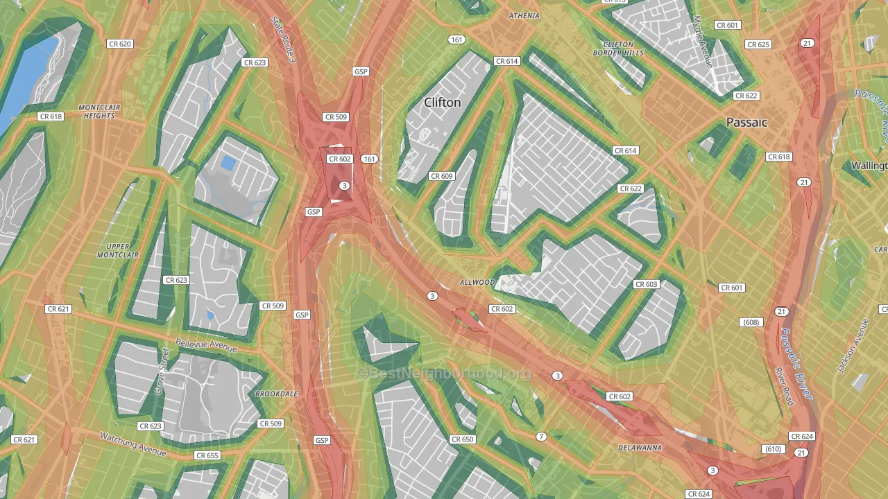 Allwood, Clifton, NJ Map of Noise Levels in Allwood