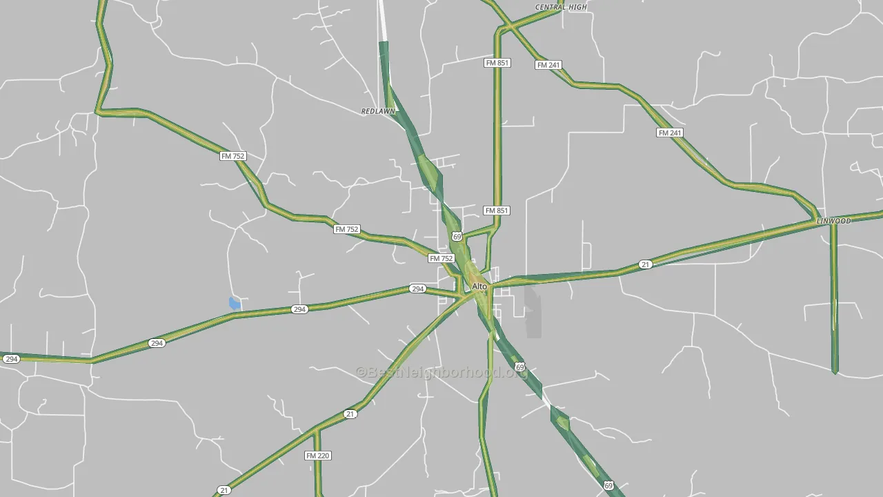 Alto, TX Map of Noise Levels in Alto