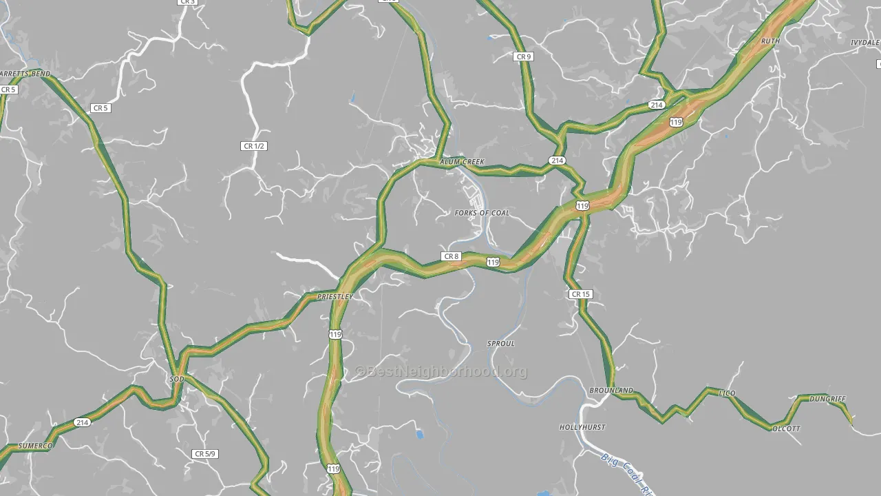 Alum Creek, WV Map of Noise Levels in Alum Creek