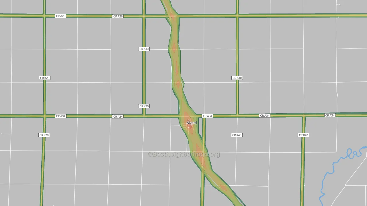Alvord, IA Map of Noise Levels in Alvord