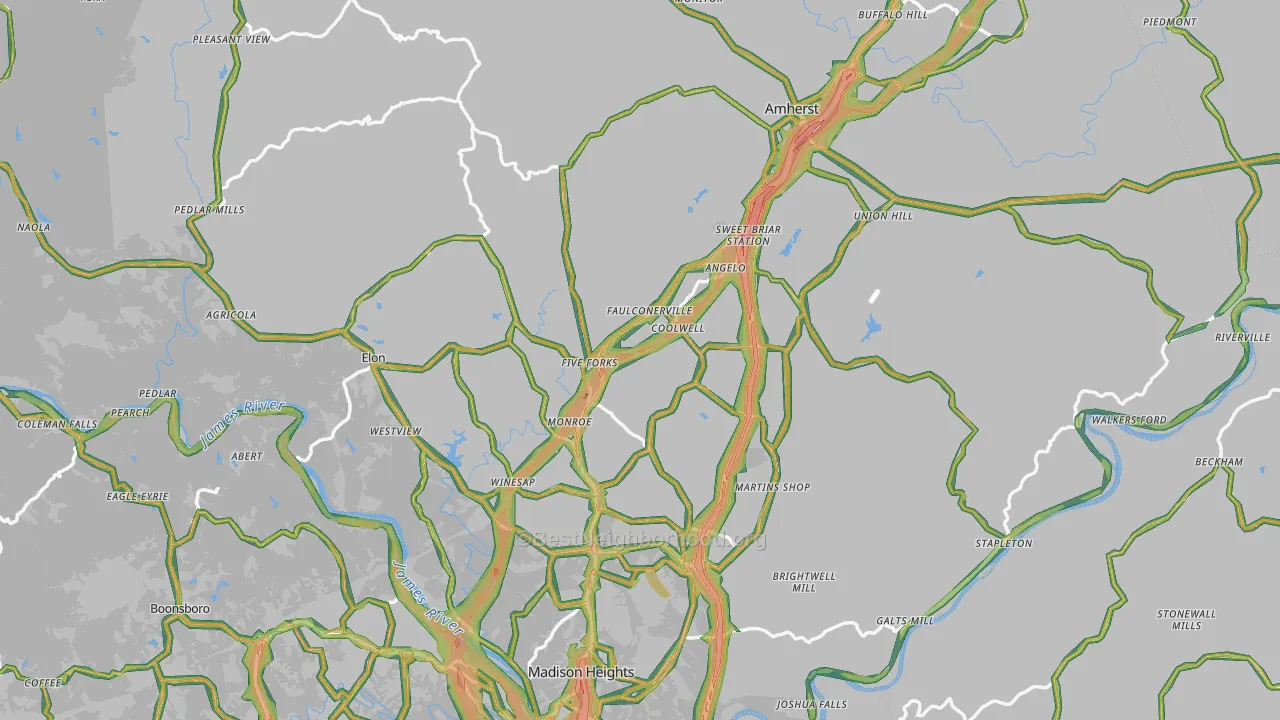 Amherst County, VA Map of Noise Levels in Amherst County