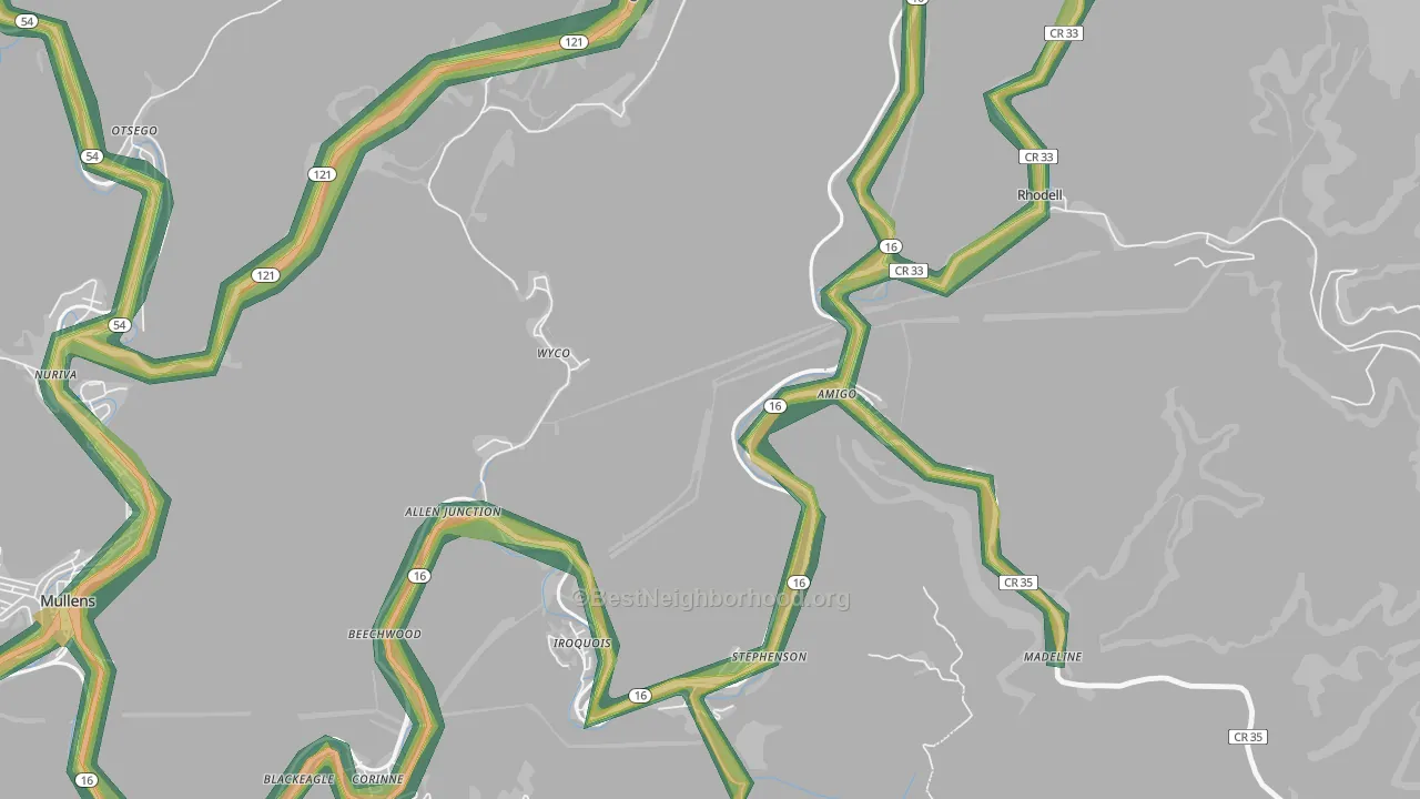 Amigo, WV Map of Noise Levels in Amigo