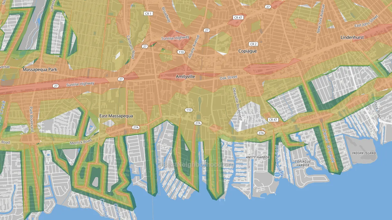 Amityville, NY Map of Noise Levels in Amityville